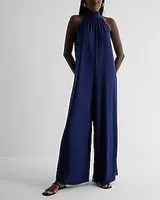 Casual Mock Neck Shapeless Wide Leg Palazzo Jumpsuit Blue Women's XS