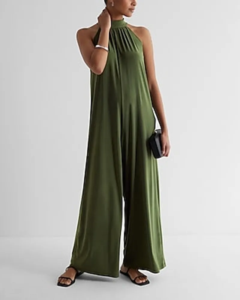 Casual Mock Neck Shapeless Wide Leg Palazzo Jumpsuit Green Women's