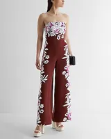 Cocktail & Party Floral Strapless Wide Leg Palazzo Jumpsuit Purple Women's