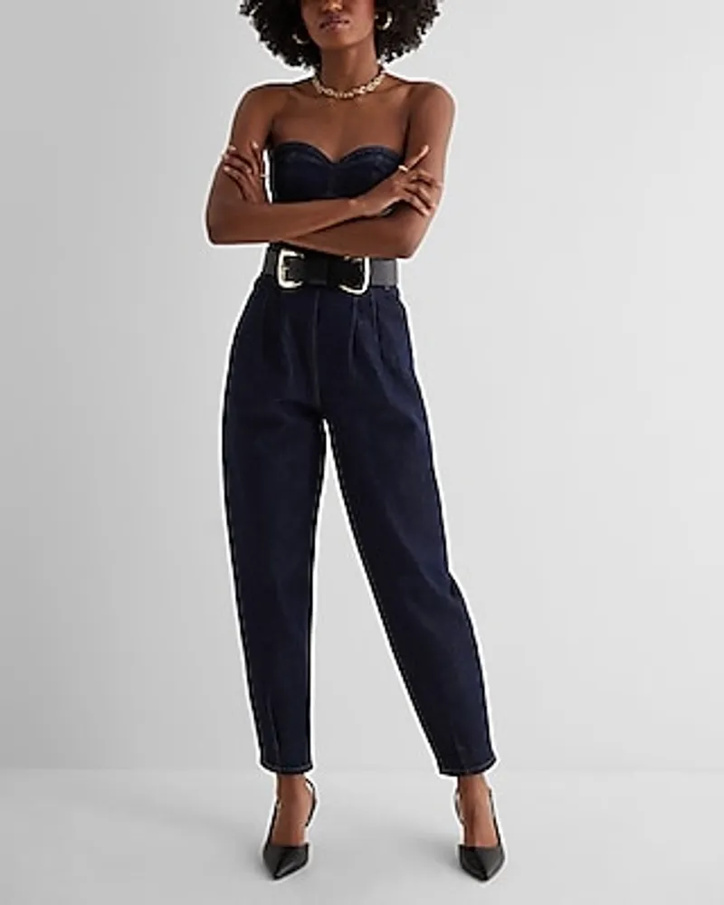 Casual Denim Sweetheart Neckline Tapered Leg Jumpsuit Blue Women's 2