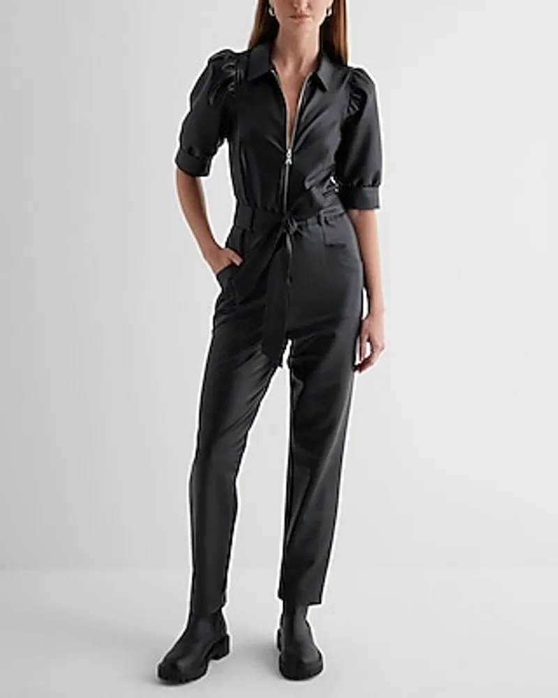 Casual Faux Leather Puff Sleeve Tie Waist Straight Leg Jumpsuit Black Women's M