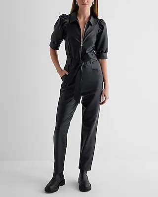 Casual Faux Leather Puff Sleeve Tie Waist Straight Leg Jumpsuit