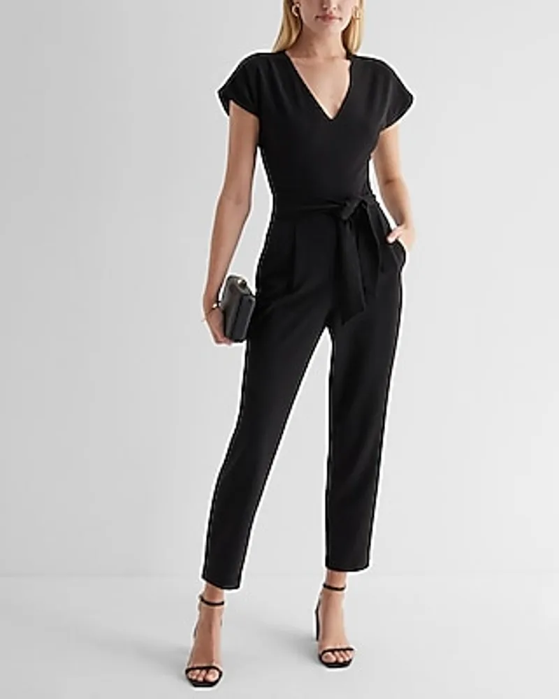 Work V-Neck Tie Waist Straight Leg Jumpsuit Black Women's L