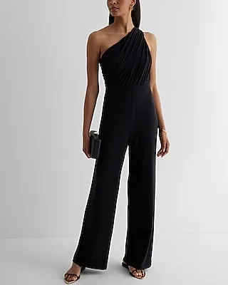 Cocktail & Party One Shoulder Ruched Wide Leg Palazzo Jumpsuit Black Women