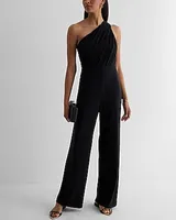 Cocktail & Party One Shoulder Ruched Wide Leg Palazzo Jumpsuit Black Women's XS