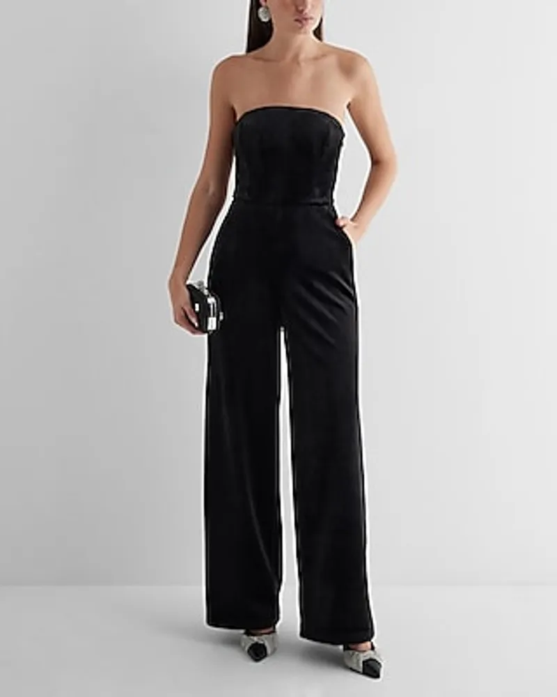 Cocktail & Party Velvet Strapless Wide Leg Palazzo Jumpsuit Black Women's 2