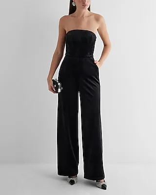 Cocktail & Party Velvet Strapless Wide Leg Palazzo Jumpsuit Black Women's