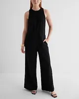 Work Crew Neck Sleeveless Wide Leg Palazzo Jumpsuit Black Women's XS