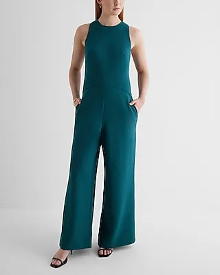 Work Crew Neck Sleeveless Wide Leg Palazzo Jumpsuit Green Women's XS