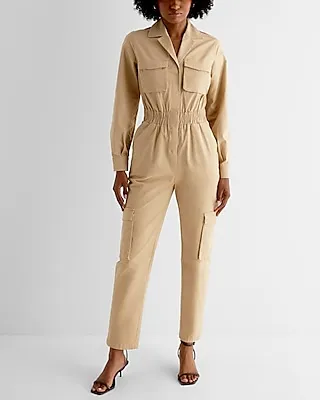 Casual Utility Straight Leg Chino Jumpsuit Brown Women's