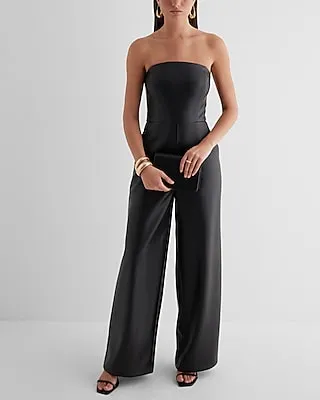 Cocktail & Party,Date Night,Formal Faux Leather Strapless Wide Leg Palazzo Jumpsuit