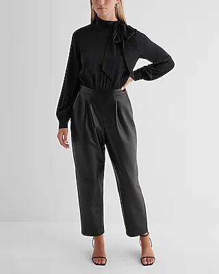 Work Faux Leather Tie Neck Long Sleeve Straight Leg Jumpsuit Black Women's XS