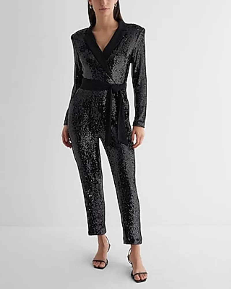 Express Work,Date Night,Cocktail & Party Sequin Long Sleeve Tie Waist  Blazer Jumpsuit Black Women's M