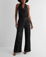 Date Night,Cocktail & Party Sequin Halter Cowl Neck Wide Leg Palazzo Jumpsuit Black Women's