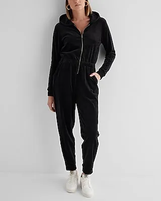 Casual Velour Zip Up Hooded Jumpsuit