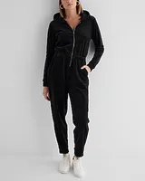 Casual Velour Zip Up Hooded Jumpsuit