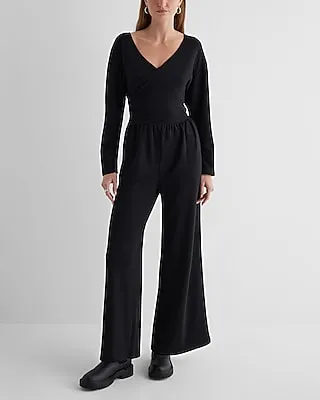 Casual Luxe Lounge Long Sleeve Surplice Wide Leg Palazzo Jumpsuit Black Women's S