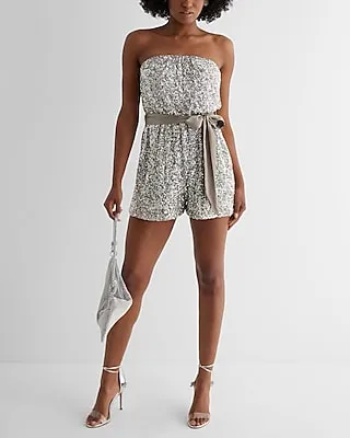 Cocktail & Party Sequin Strapless Tie Waist Romper Neutral Women's S