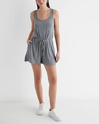 Casual Scoop Neck Sleeveless Tie Waist Romper Gray Women's