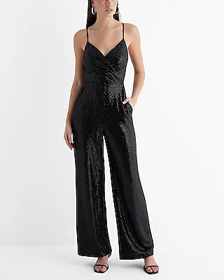 Cocktail & Party Dot Sequin V-Neck Surplice Wide Leg Palazzo Jumpsuit Black Women's XS