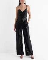 Cocktail & Party Dot Sequin V-Neck Surplice Wide Leg Palazzo Jumpsuit