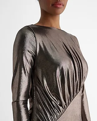 Cocktail & Party Metallic Boat Neck Long Sleeve Ruched Top Maxi Dress Gold Women's XL