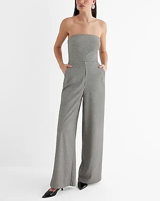 Cocktail & Party Houndstooth Strapless Wide Leg Palazzo Jumpsuit Black Women's S