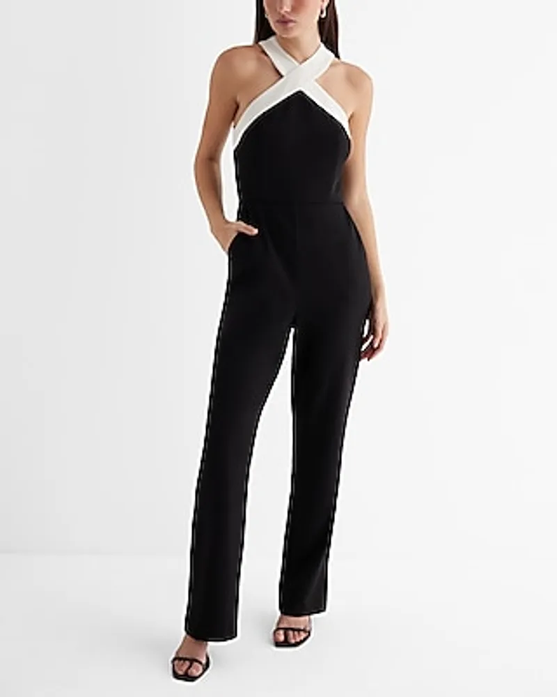 Date Night,Cocktail & Party Tipped Halter Neck Jumpsuit Black Women's XL