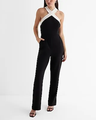 Date Night,Cocktail & Party Tipped Halter Neck Jumpsuit Black Women's L