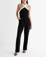 Date Night,Cocktail & Party Tipped Halter Neck Jumpsuit Black Women's S