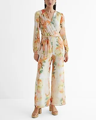 Vacation Floral V-Neck Surplice Tie Waist Wide Leg Palazzo Jumpsuit Multi-Color Women's XL