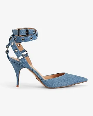 Brian Atwood X Express Denim Grommet Ankle Strap Pumps