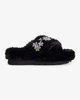 Faux Fur Rhinestone Crossover Slippers Black Women's M