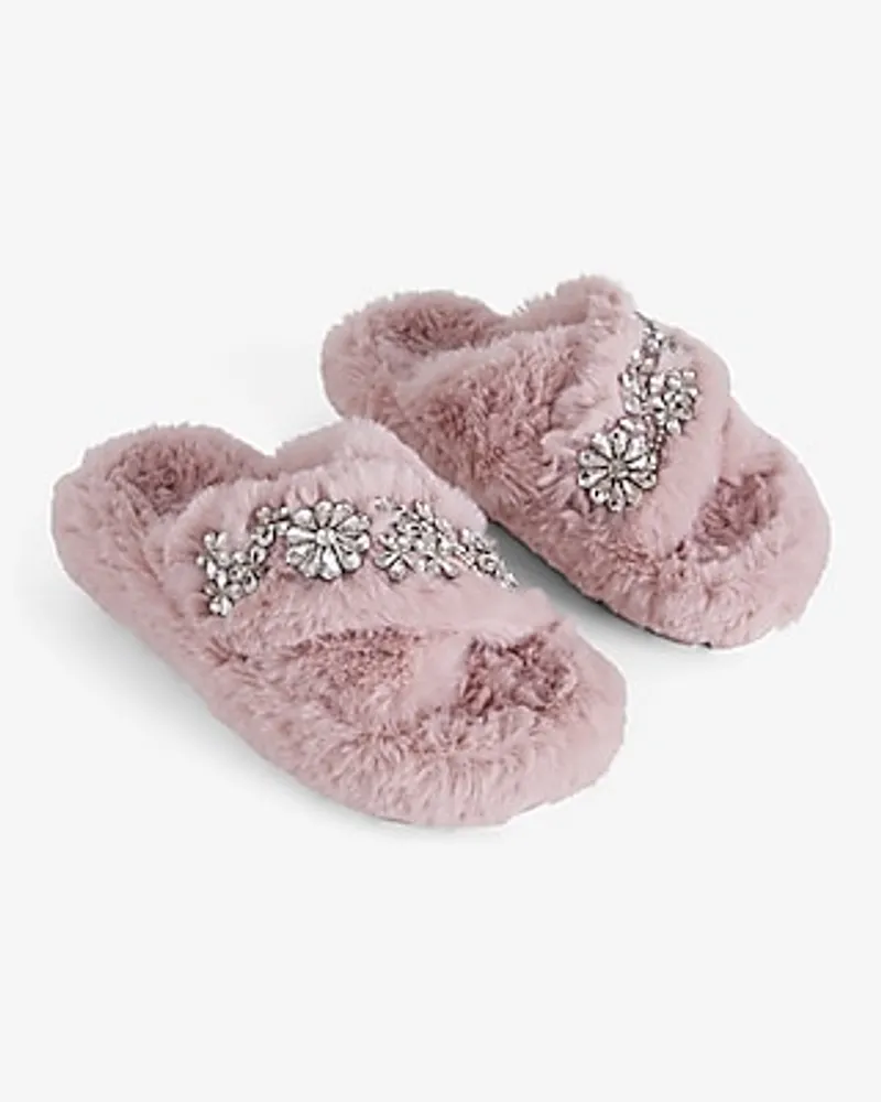 Faux Fur Rhinestone Crossover Slippers Red Women's M