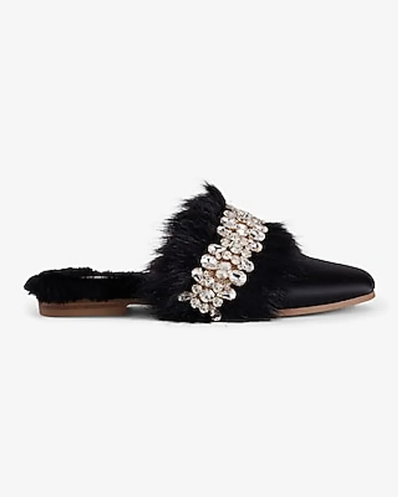 Satin Faux Fur Lined Embellished Rhinestone Slippers Black Women