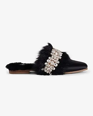 Satin Faux Fur Lined Embellished Rhinestone Slippers Black Women's M