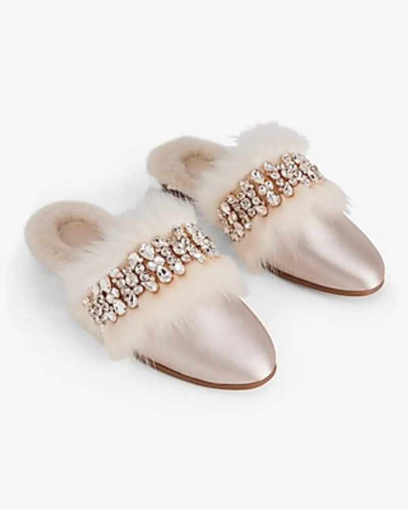 Satin Faux Fur Lined Embellished Rhinestone Slippers Neutral Women's S