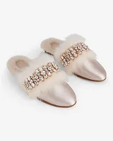 Satin Faux Fur Lined Embellished Rhinestone Slippers Neutral Women's L