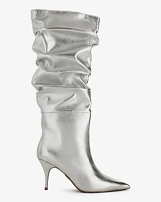 Brian Atwood X Express Metallic Slouch Thin Heeled Tall Boots Silver Women's 6