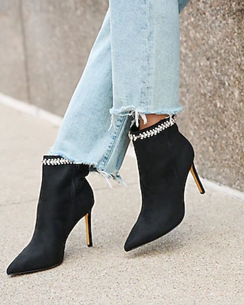 Tsmile Women Elastic Socks Boots Rhinestone Glitter Suede Square High Heel Side Zipper Round Toe Ankle Short Booties 