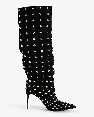 Brian Atwood X Express Rhinestone Slouch Thin Heel Boots Black Women's 7