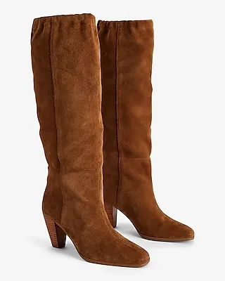 Brian Atwood X Express Suede Scrunch Mid-Calf Heeled Boots Brown Women's