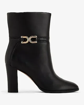 Leather Buckle Heeled Ankle Boots Black Women's