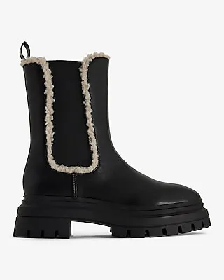Shearling Tipped Gore Lug Sole Ankle Boots Black Women's 7