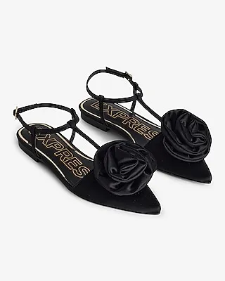 Pointed Toe Rose Strappy Flats Black Women's 7
