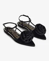 Pointed Toe Rose Strappy Flats Black Women's 10