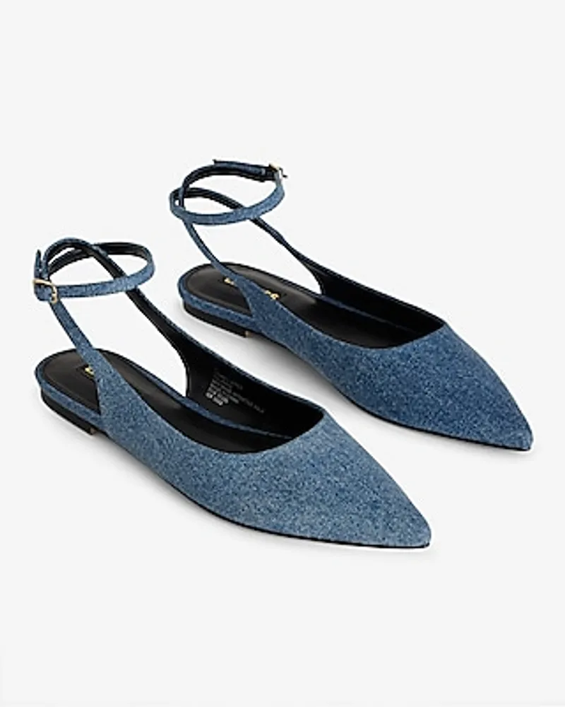 Denim Pointed Toe Strappy Flat Sandals Blue Women's