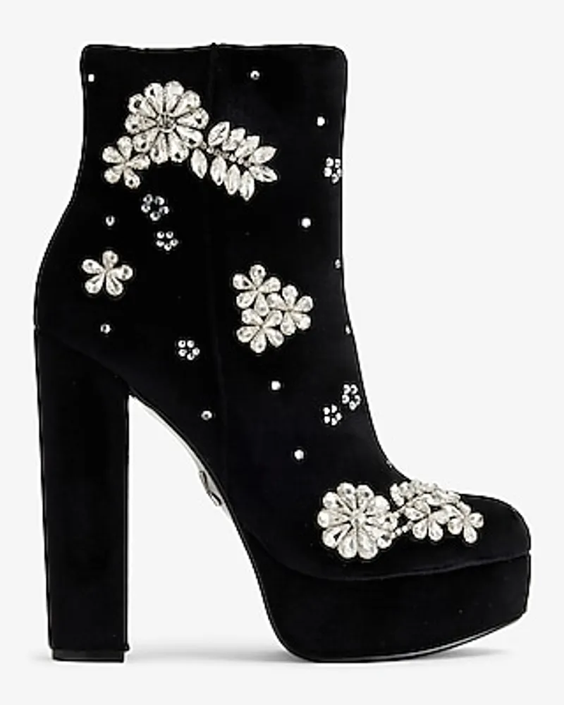 Rhinestone Embellished Platform Heeled Ankle Boots Black Women's