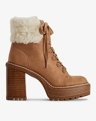 Faux Suede Shearling Lined Lace Up Platform Heeled Booties