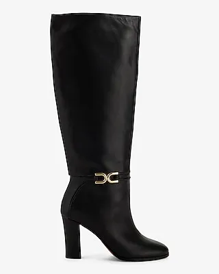 Leather Buckle Heeled Tall Boots Black Women's